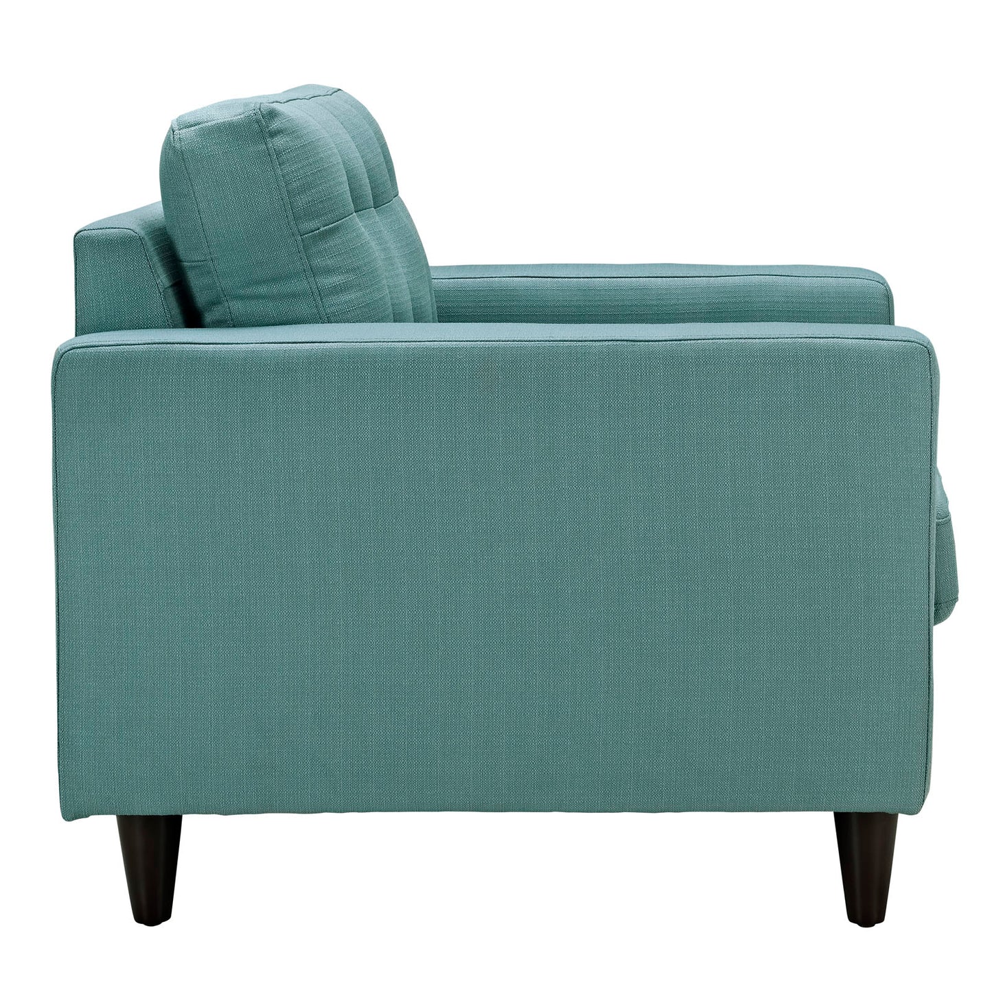 Teal fabric upholstered armchair with square arms, cushioned back, and dark tapered wooden legs.