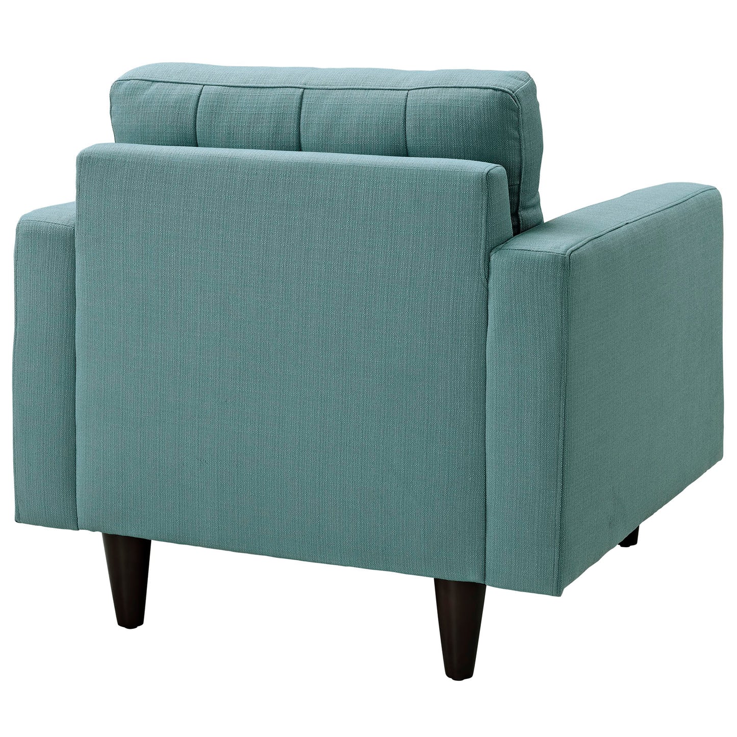 Teal fabric upholstered armchair with boxed arms, segmented back cushion, and dark wood tapered legs.
