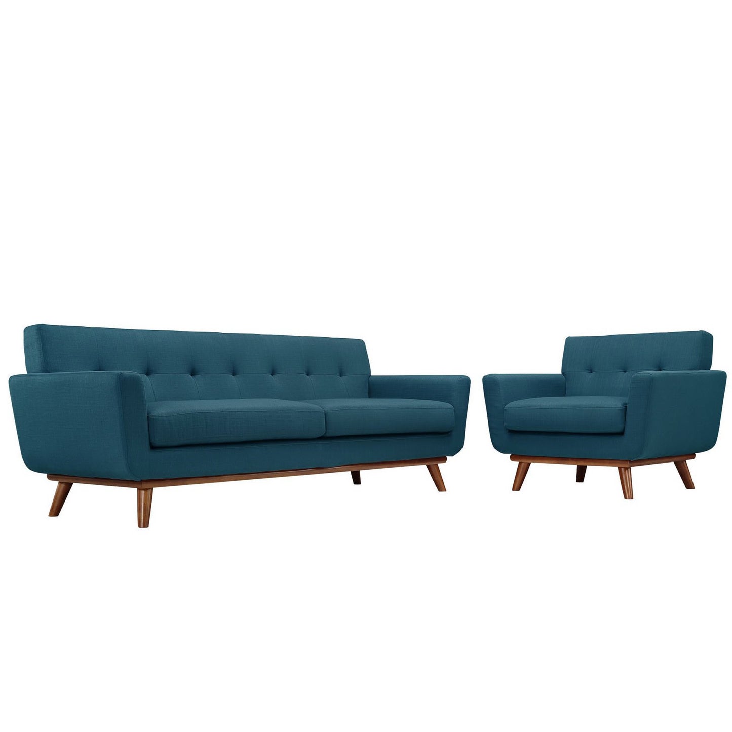 Blue fabric mid-century modern armchair and sofa set with tufted backs and tapered wooden legs.