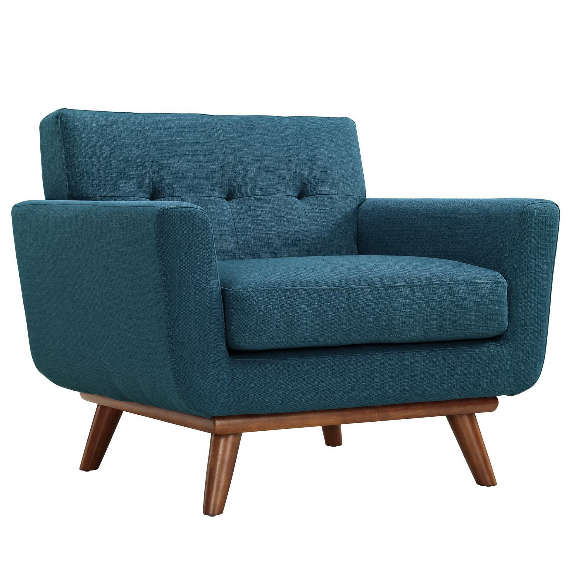 Teal fabric armchair with tufted back, cushioned seat and angled wooden legs in mid-century style.