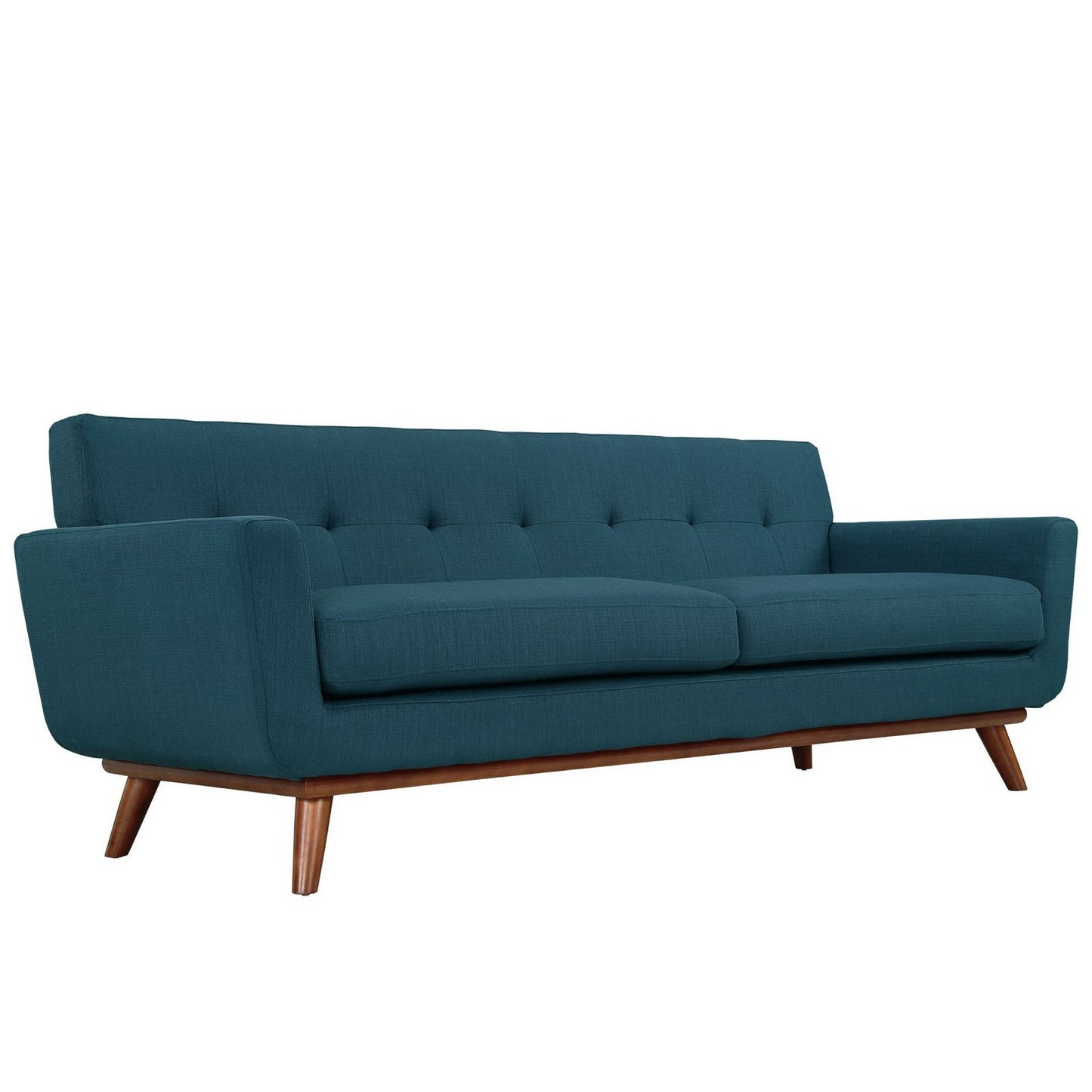 Azure-teal mid-century sofa with tufted back, two seat cushions, square arms, and angled wooden legs.