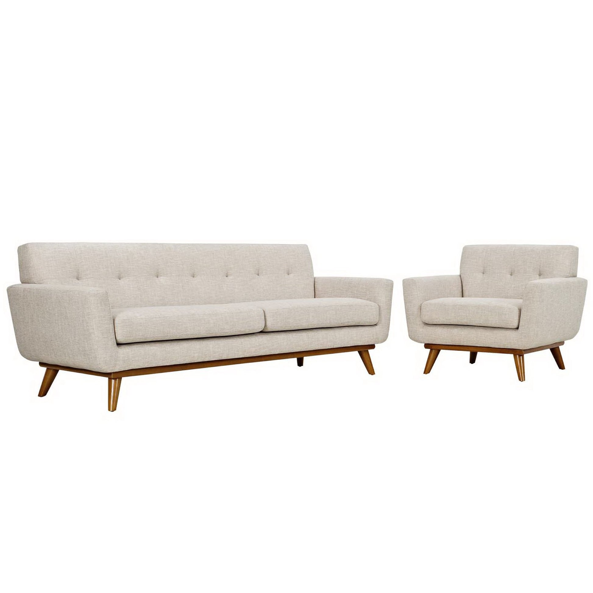 Beige mid-century fabric sofa with tufted back and angled wooden legs, paired with matching armchair.