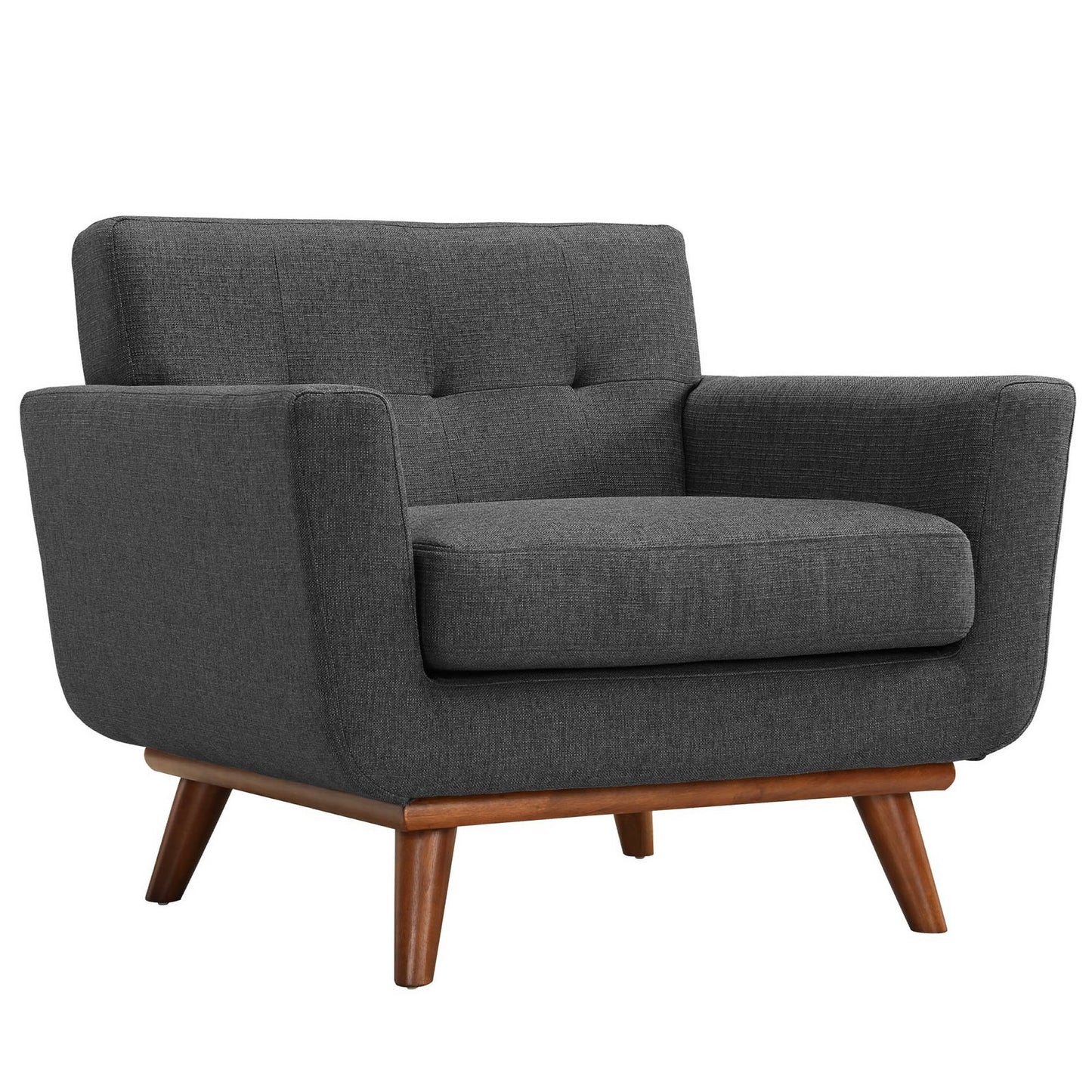 Dark gray upholstered mid-century armchair with thick seat cushion, tufted back, and wooden tapered legs.