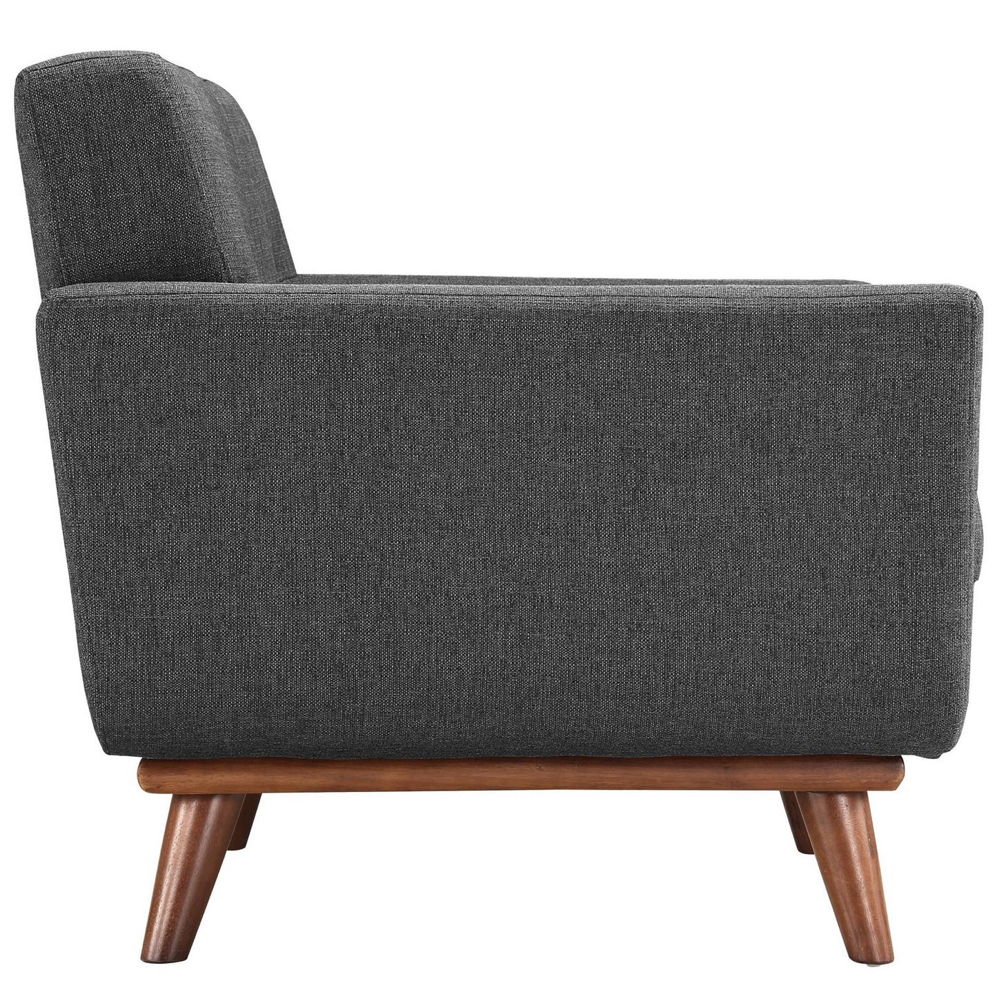 Side view of a dark gray textured fabric mid-century lounge chair with angled wooden legs.