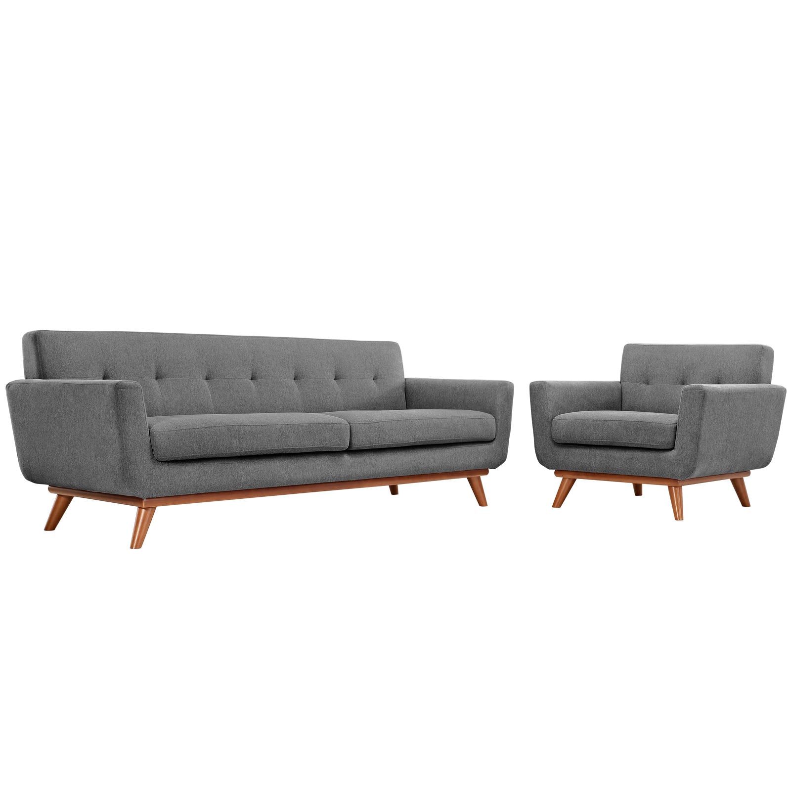 Gray fabric mid-century modern sofa & matching armchair with tufted backs & wooden legs.