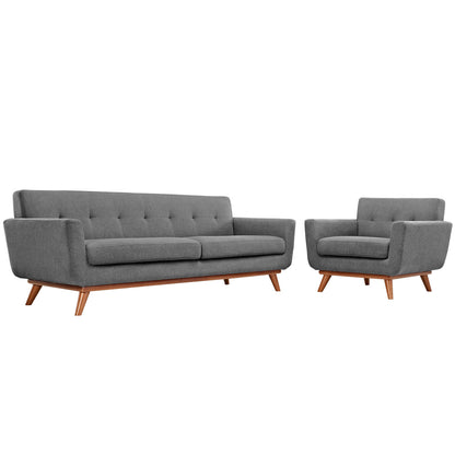 Gray fabric mid-century modern sofa & matching armchair with tufted backs & wooden legs.