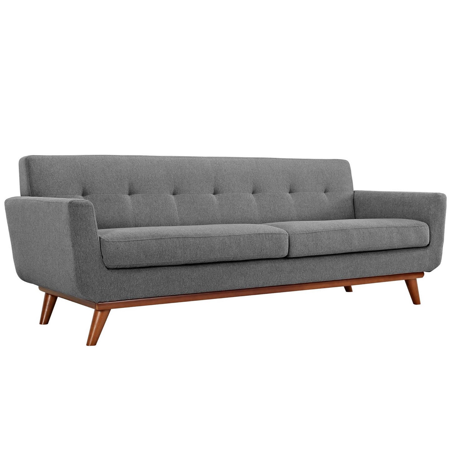 Gray fabric sofa with tufted back, two seat cushions, and angled wooden legs in mid-century style.