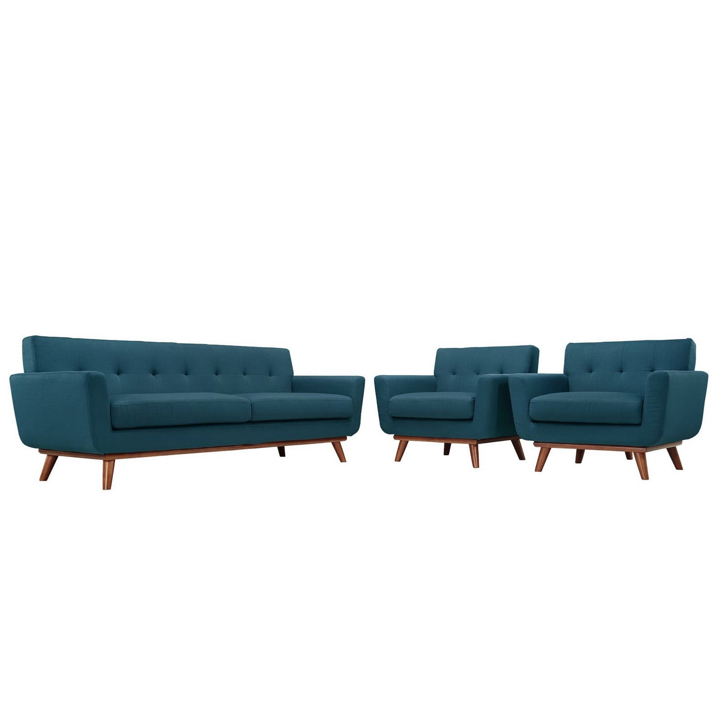 Blue mid-century fabric sofa set with tufted backs and tapered wooden legs; includes a 3-seat sofa and two armchairs.
