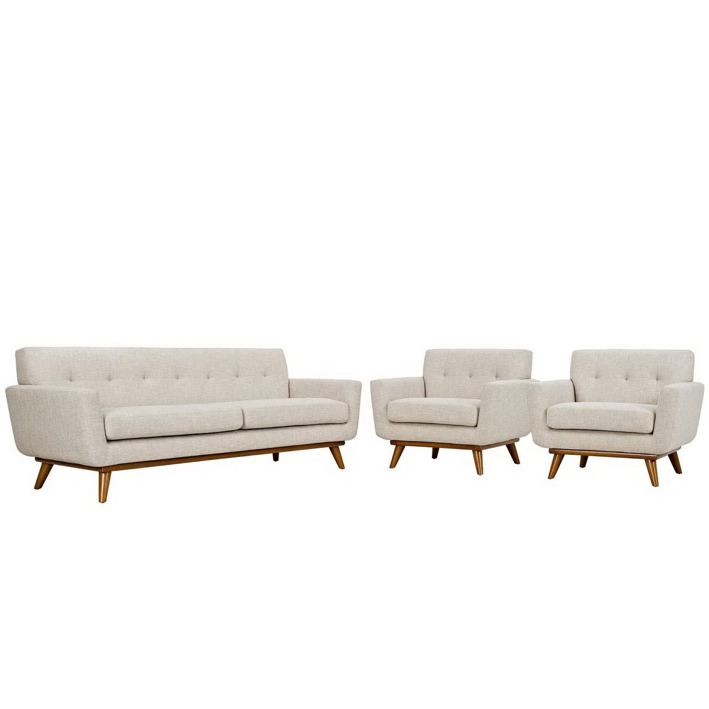Brown fabric sofa set with tufted backs and angled wood legs; includes 3-seat sofa and two matching armchairs.