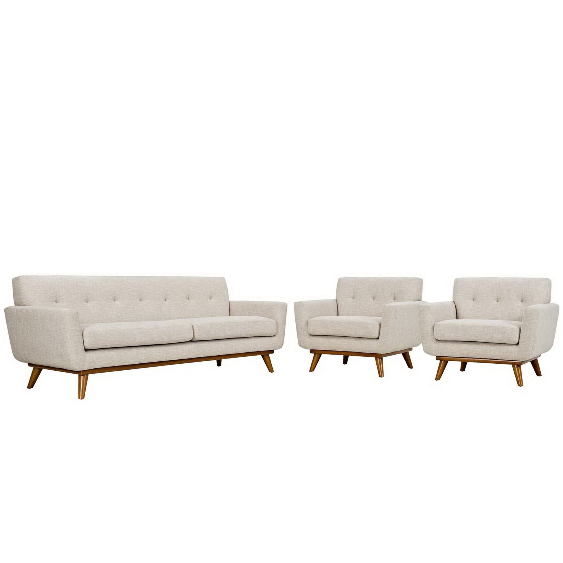 Brown fabric sofa set with tufted backs and angled wood legs; includes 3-seat sofa and two matching armchairs.