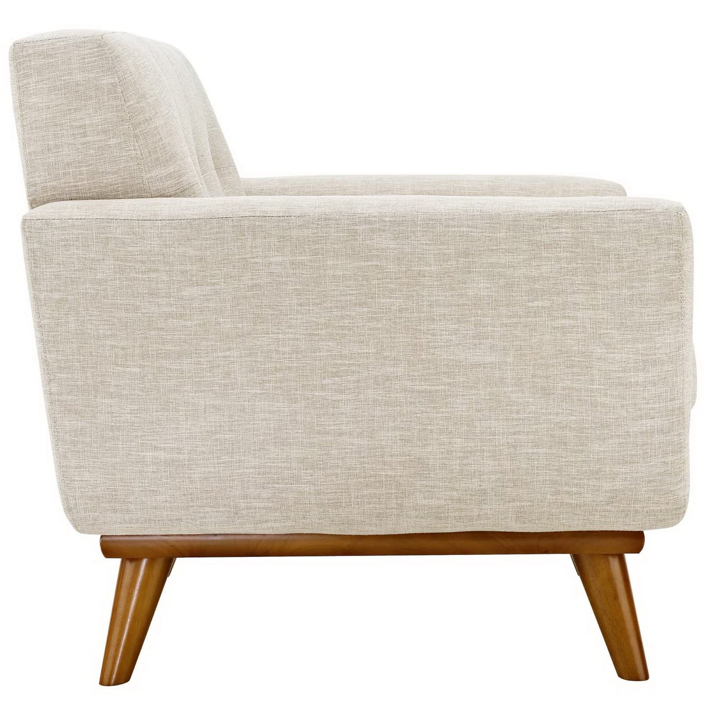 Beige textured fabric mid-century armchair with tapered wooden legs and cushioned back.