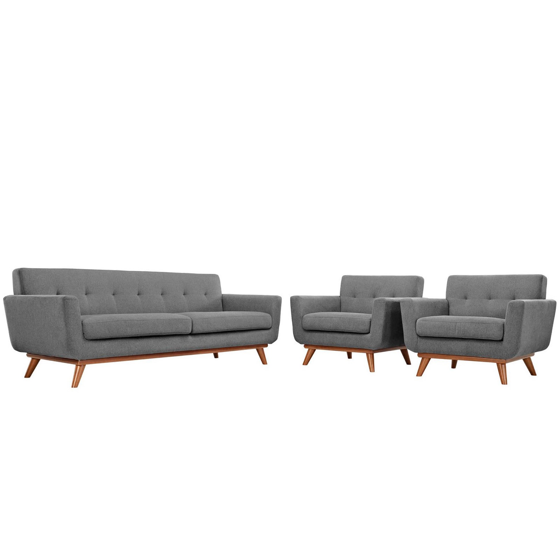 Gray fabric mid-century sofa set: tufted back three-seater with wooden legs, plus two matching armchairs.