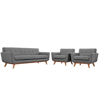 Gray fabric mid-century sofa set: tufted back three-seater with wooden legs, plus two matching armchairs.