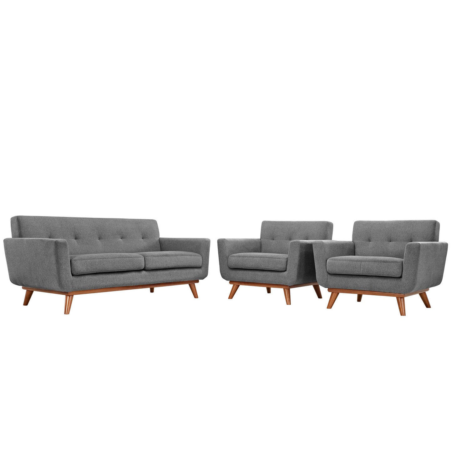 Gray mid-century modern sofa with tufted back cushions & tapered wooden legs, paired with two matching armchairs.