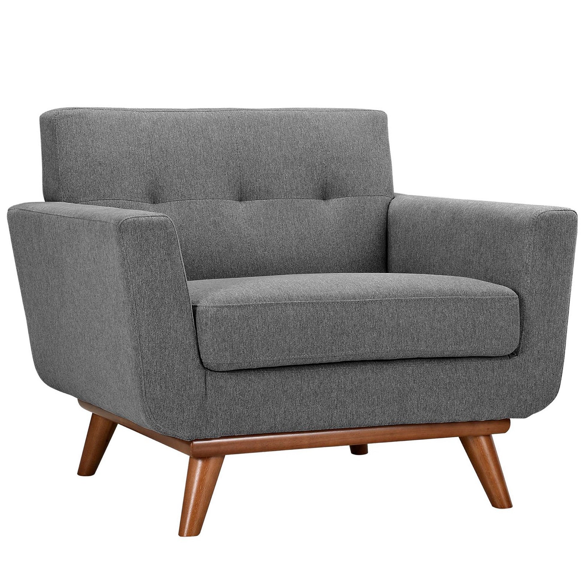 Gray fabric mid-century armchair with tufted back, cushioned seat, square arms and wooden angled legs.