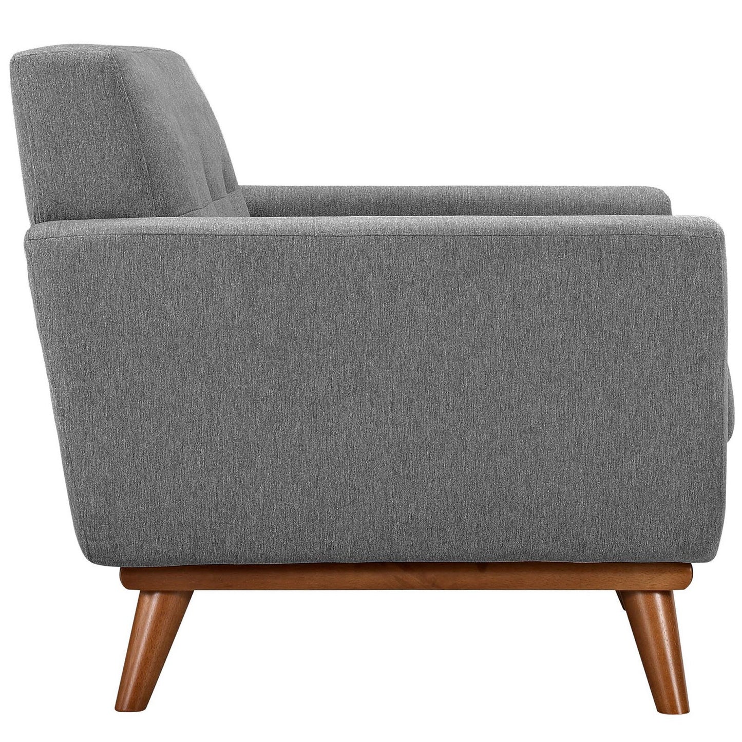 Grey textured fabric armchair with wooden tapered legs, mid-century style, side view.