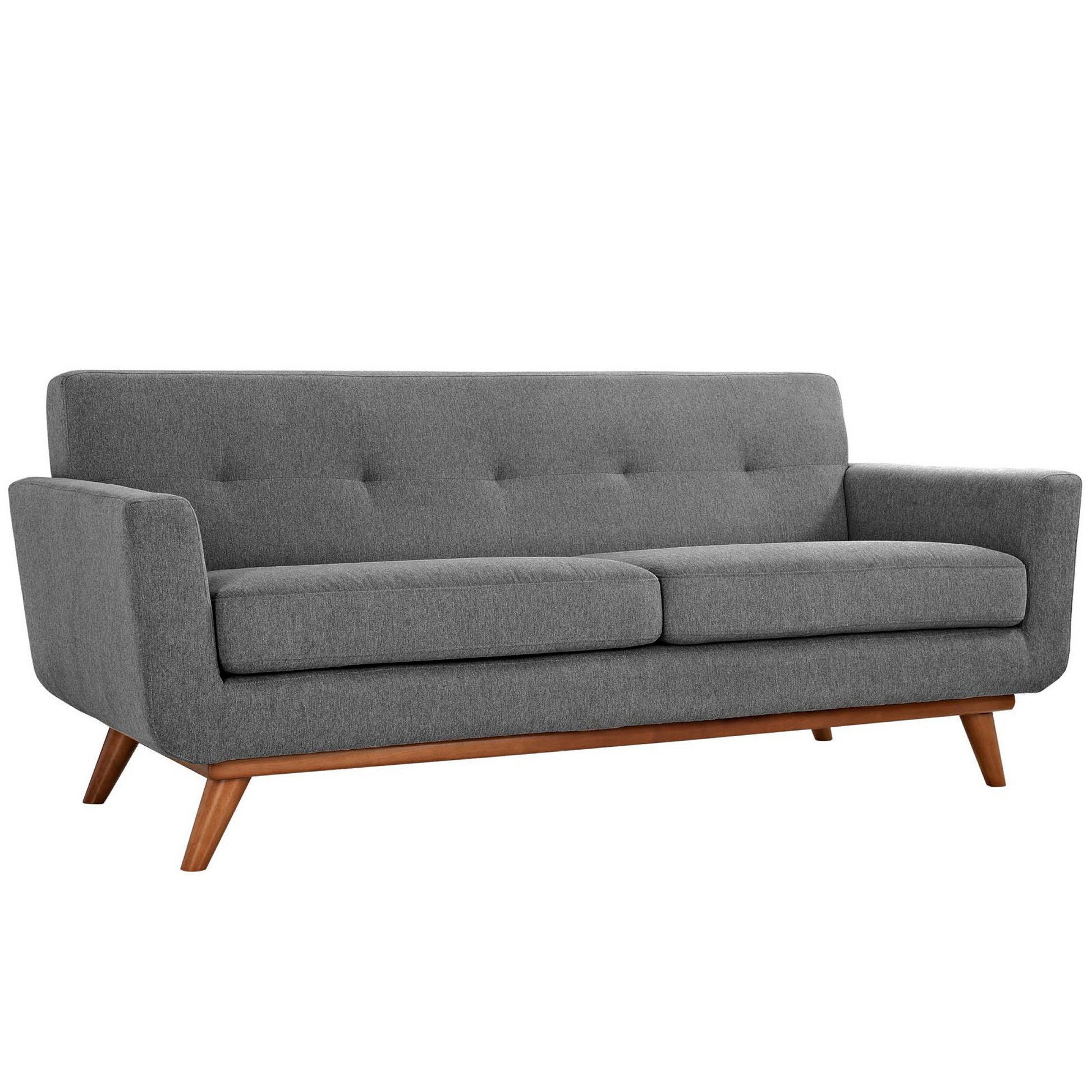 Mid-century modern gray fabric sofa with tufted back, two seat cushions and angled wooden legs.