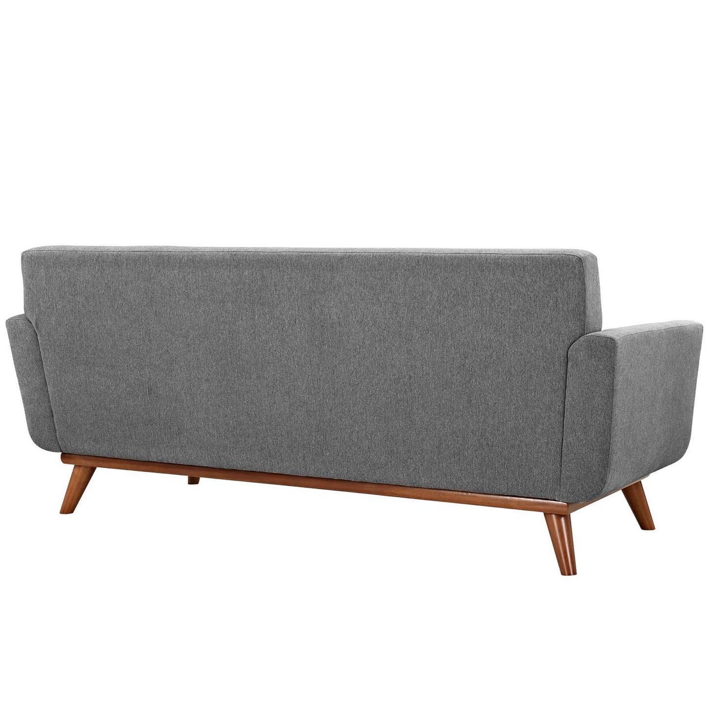Gray fabric mid-century modern sofa with wooden angled legs, shown from the back.