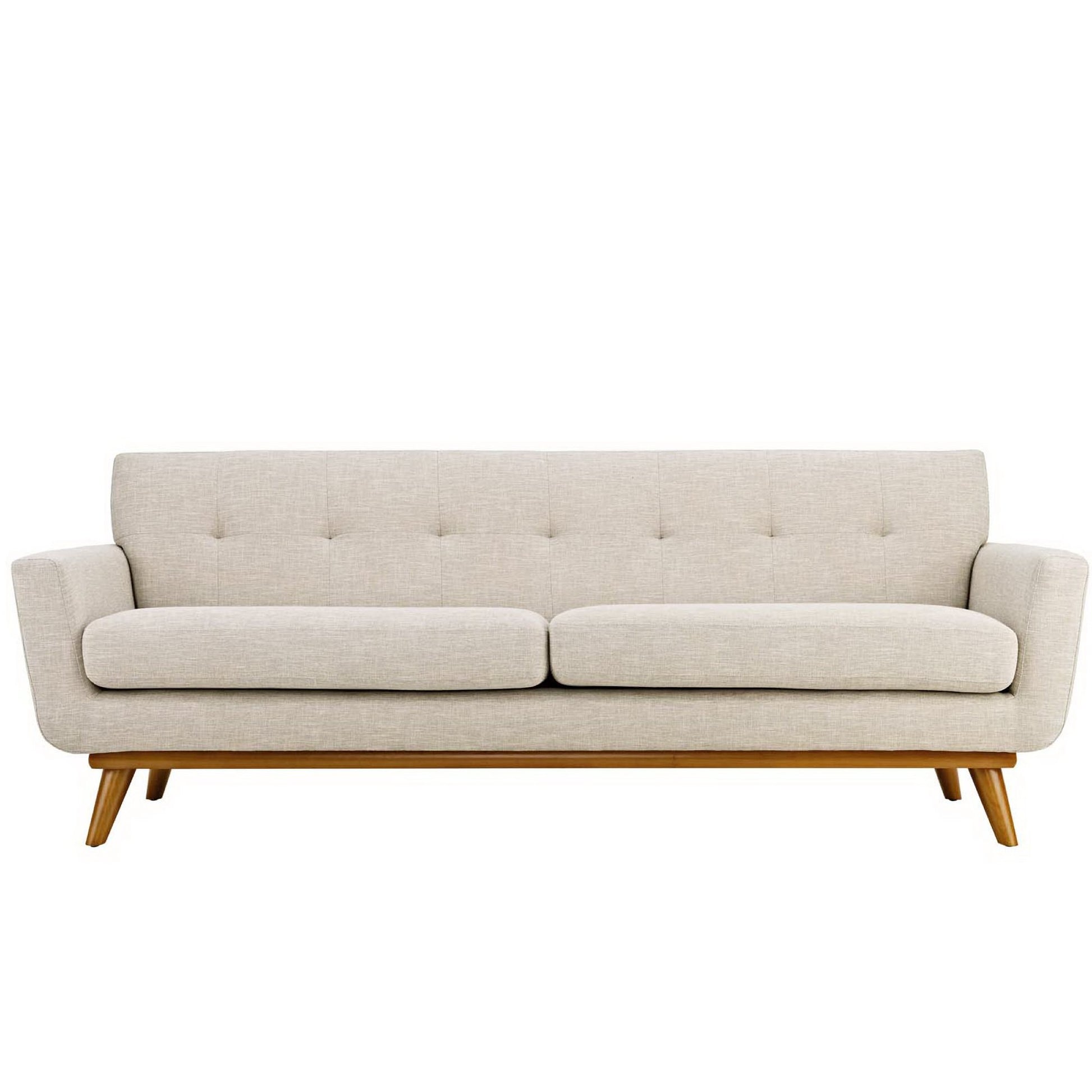Beige tufted fabric sofa with two seat cushions, rounded arms, and angled wooden legs.