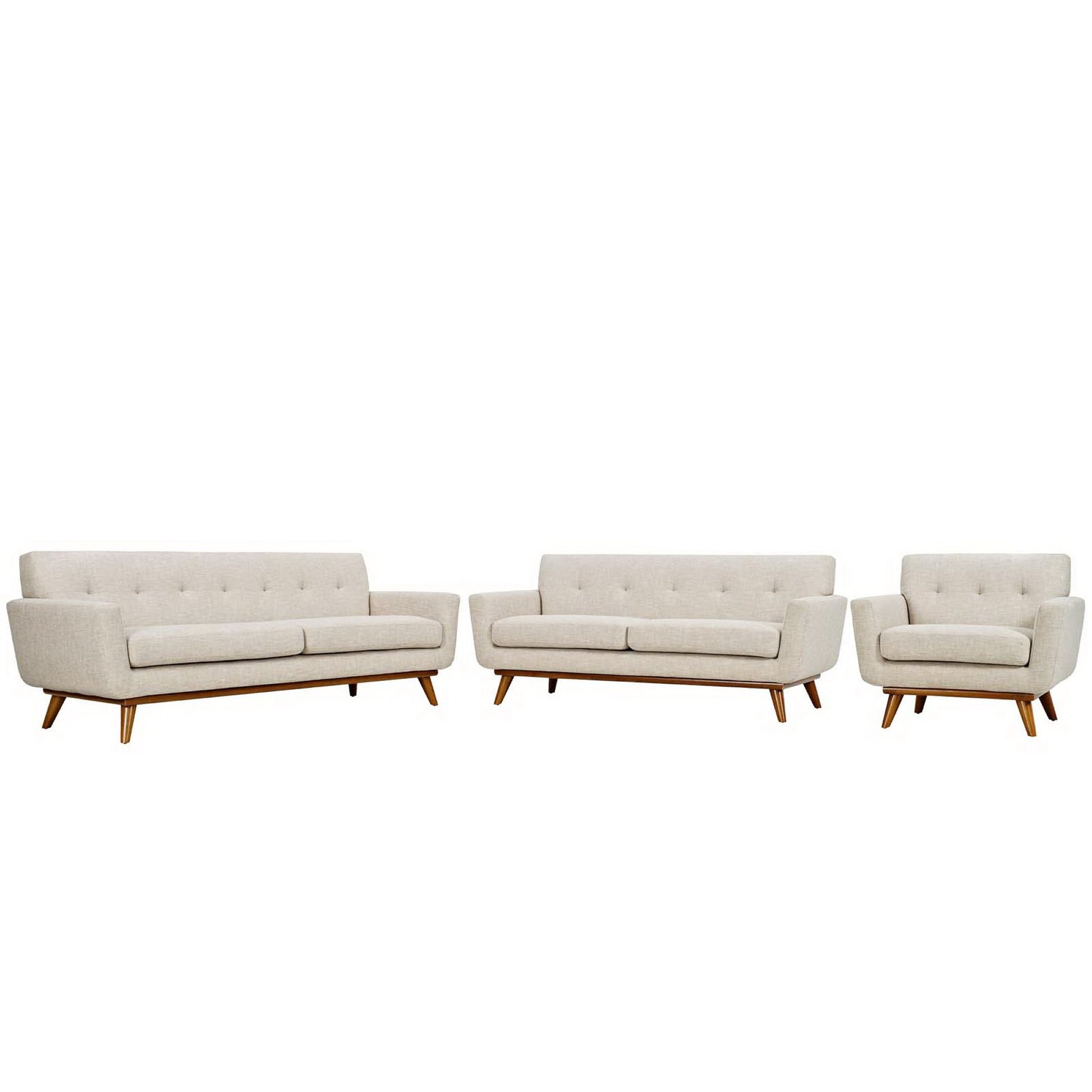 Brown mid-century fabric sofa set: 3-seat, 2-seat and armchair with tufted backs and wooden tapered legs.