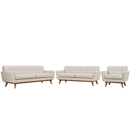 Brown mid-century fabric sofa set: 3-seat, 2-seat and armchair with tufted backs and wooden tapered legs.