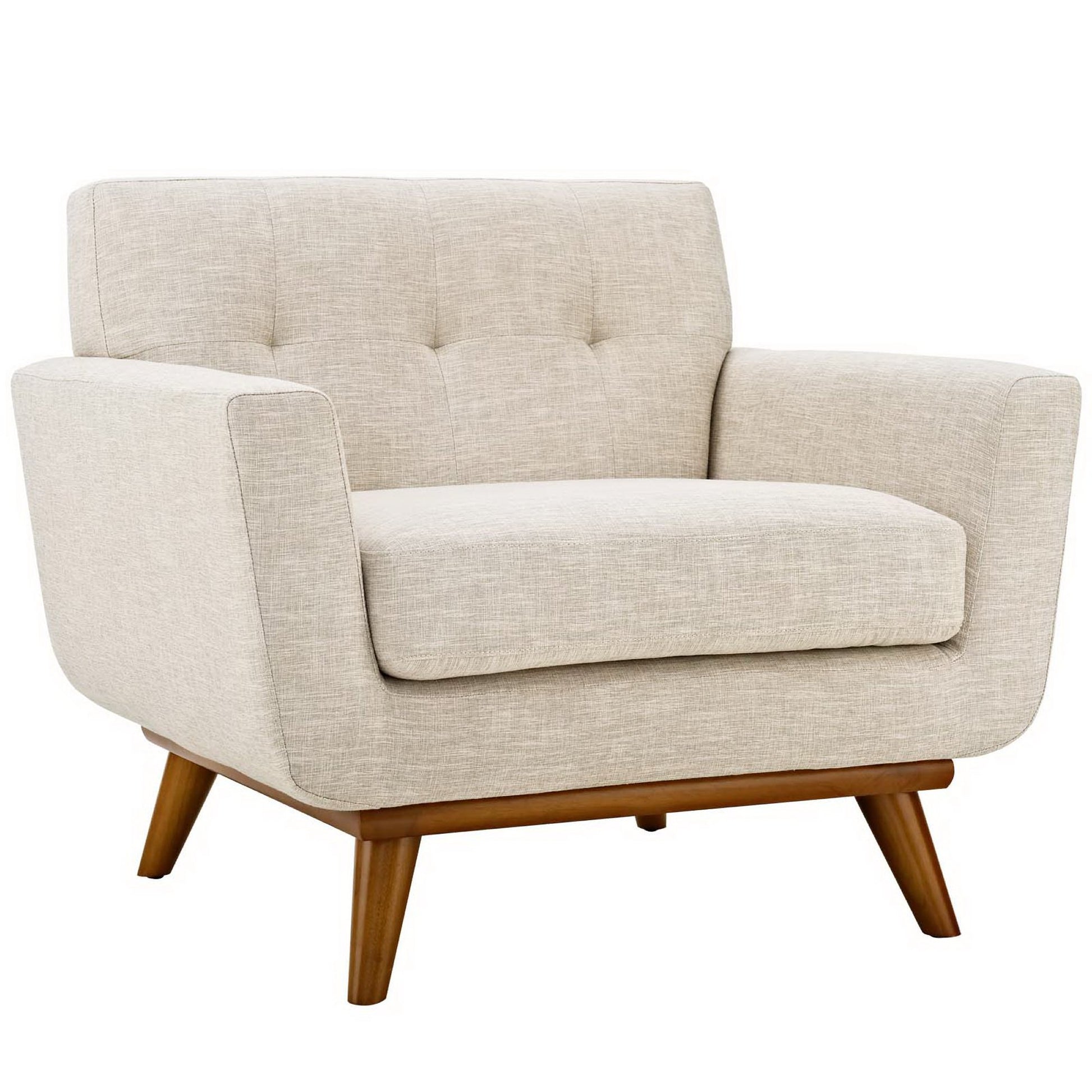 Beige fabric armchair with tufted back, plush cushion and angled wooden legs in mid-century style.