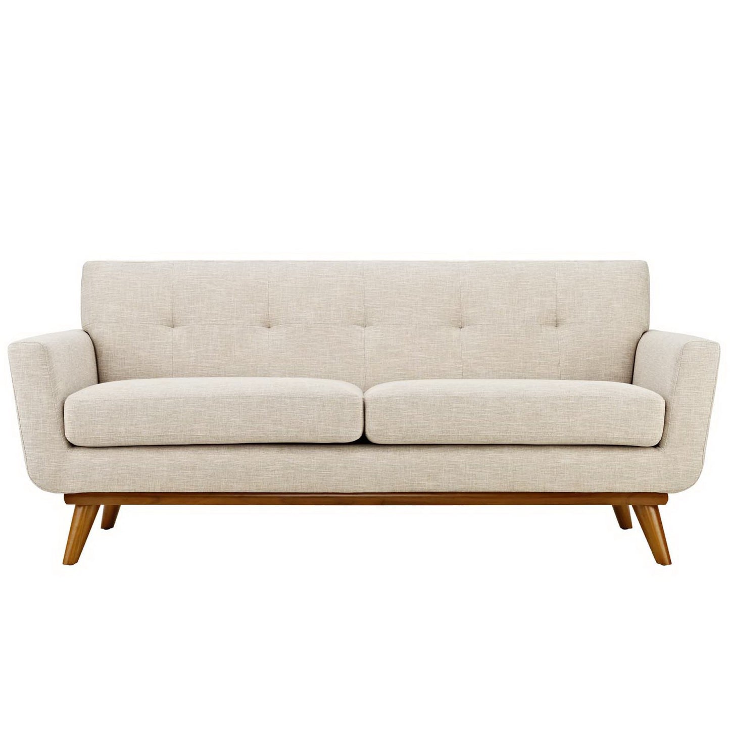 Beige mid-century fabric sofa with two seat cushions, button-tufted back, curved arms and wooden angled legs.
