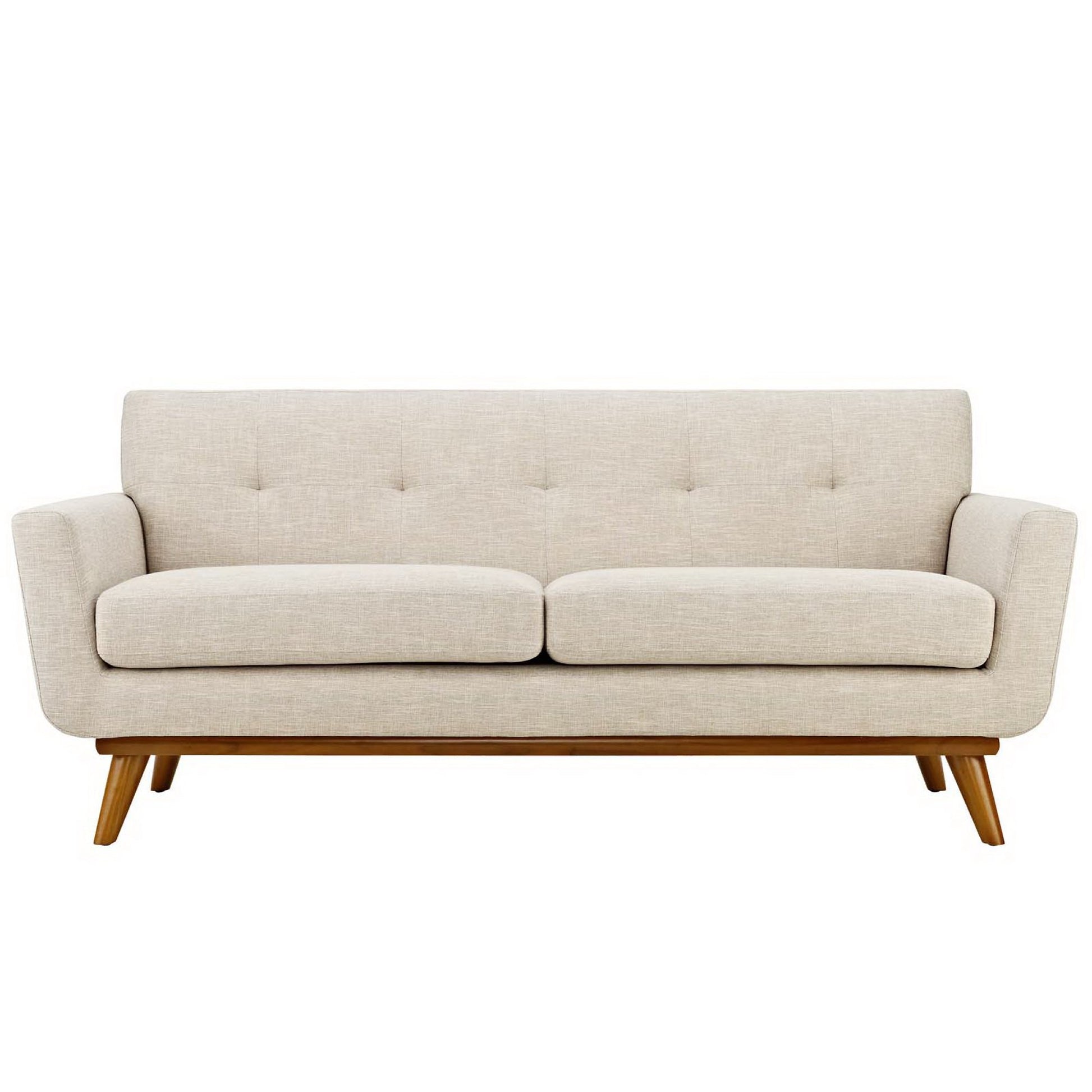 Beige mid-century fabric sofa with two seat cushions, button-tufted back, curved arms and wooden angled legs.
