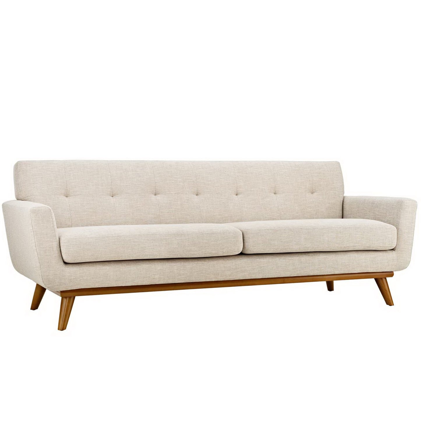Beige mid-century fabric sofa with tufted back, two seat cushions, and tapered wooden legs.