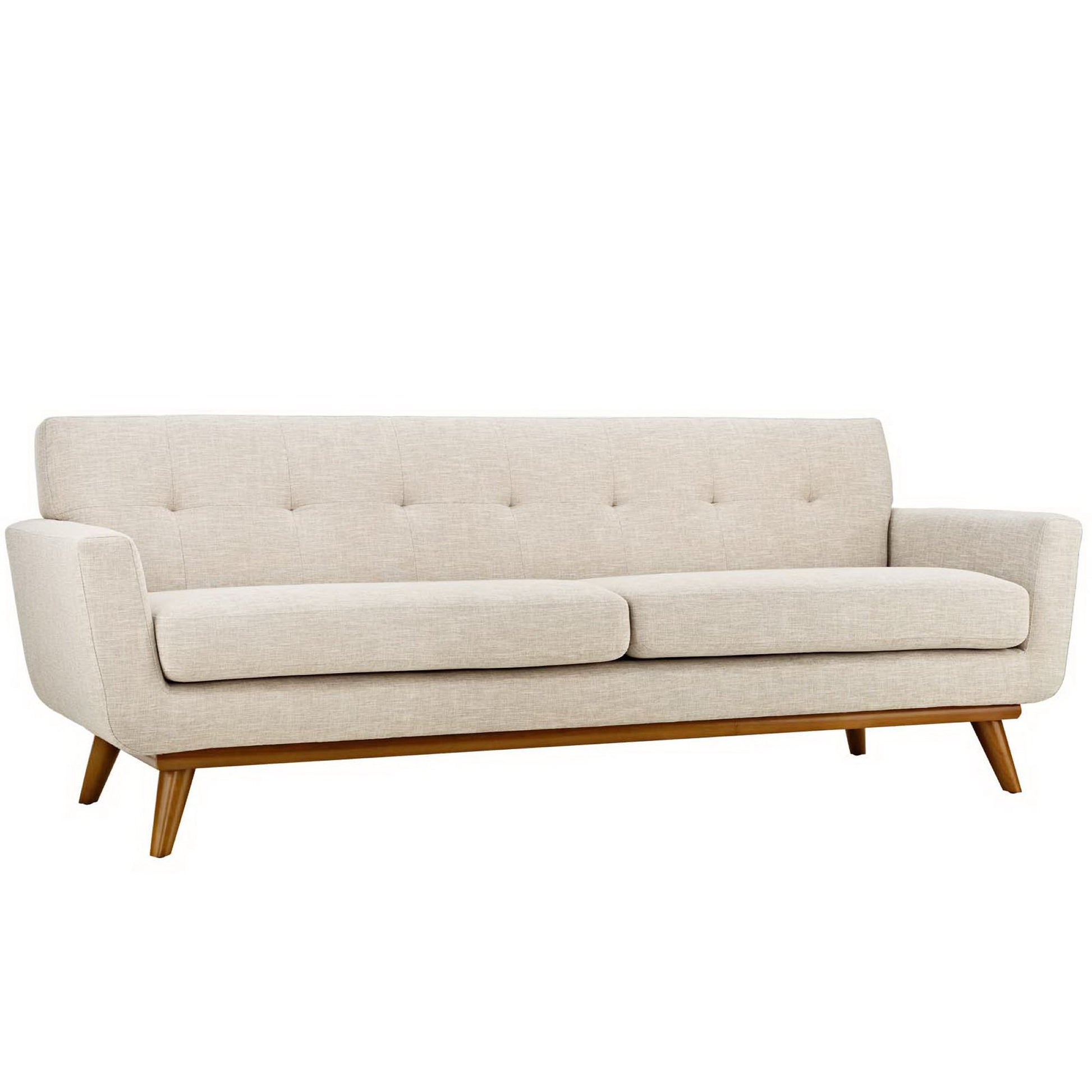 Beige mid-century fabric sofa with tufted back, two seat cushions, and tapered wooden legs.