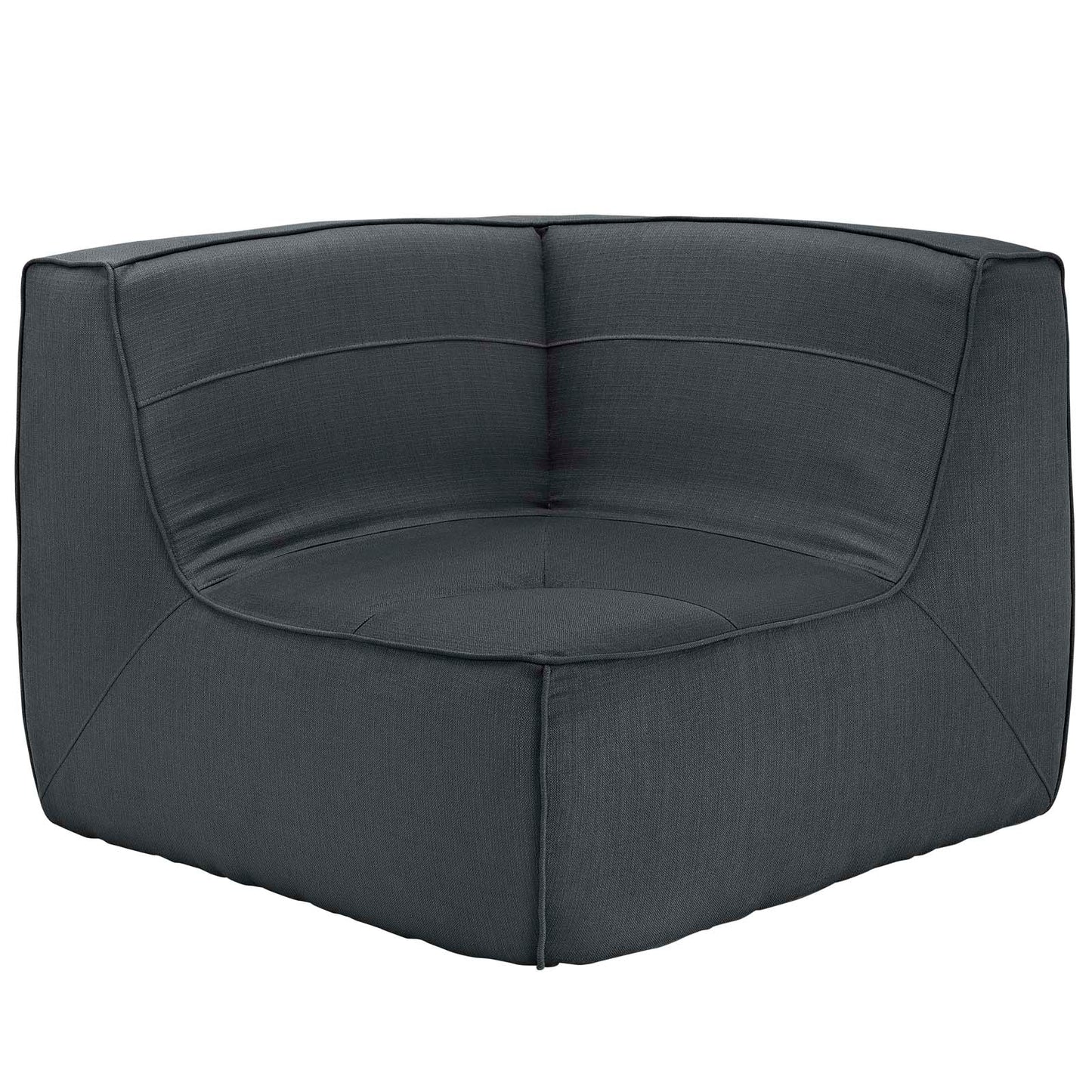 Charcoal gray upholstered fabric corner sofa with plush cushions and stitched panel details.