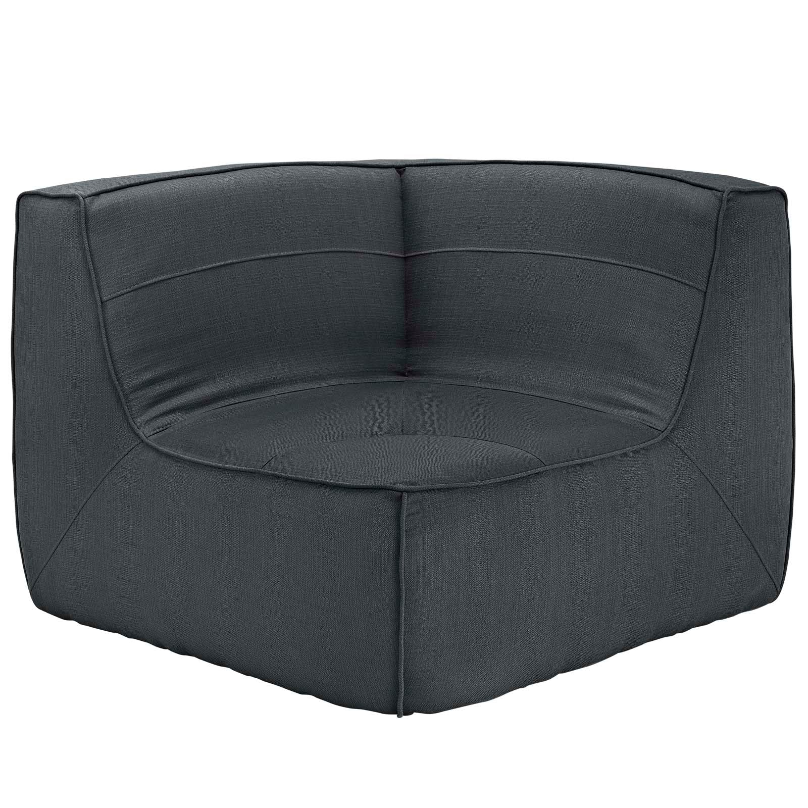 Charcoal gray upholstered fabric corner sofa with plush cushions and stitched panel details.