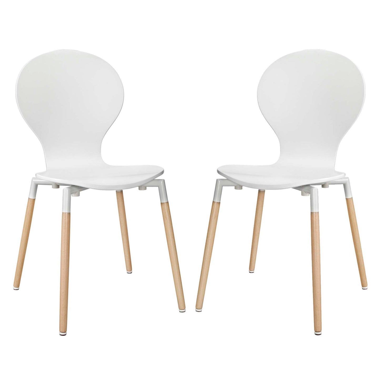 Pair of white molded plastic dining chairs with natural wood legs and metal supports, mid-century modern style.