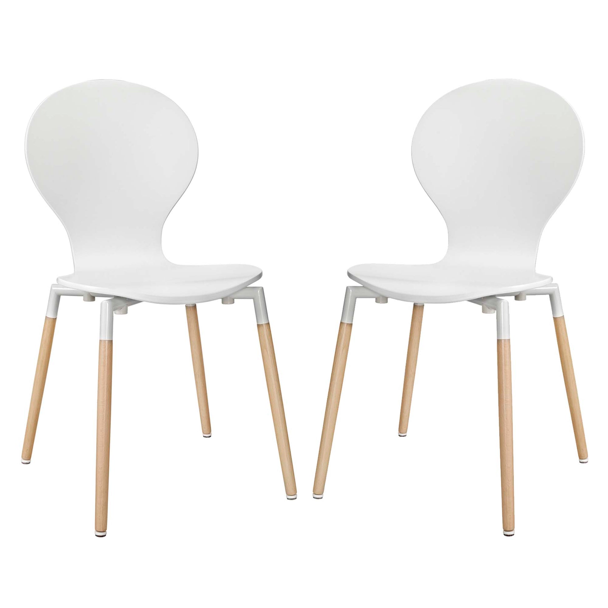 Pair of white molded plastic dining chairs with natural wood legs and metal supports, mid-century modern style.