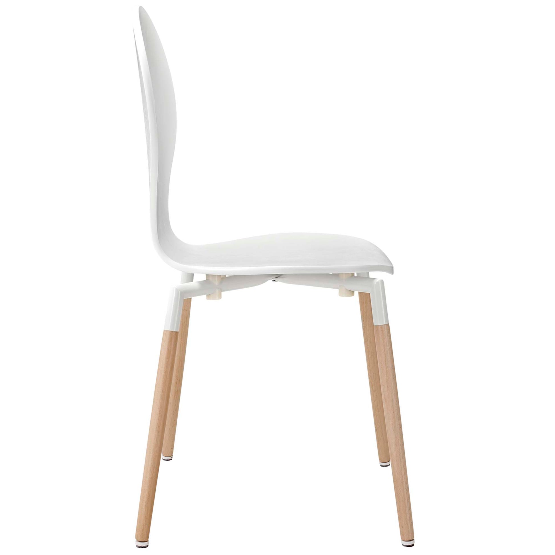 White molded dining chair with curved backrest and natural wood legs with white caps.