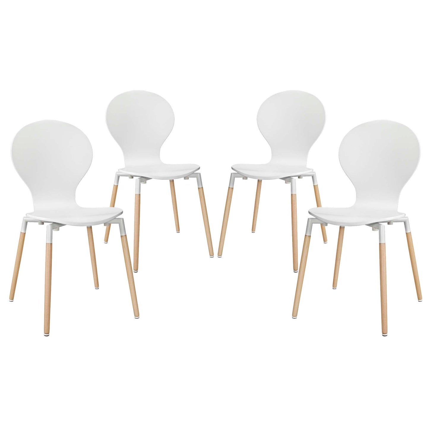 Four white molded plastic chairs with light wood legs, mid-century modern dining set.