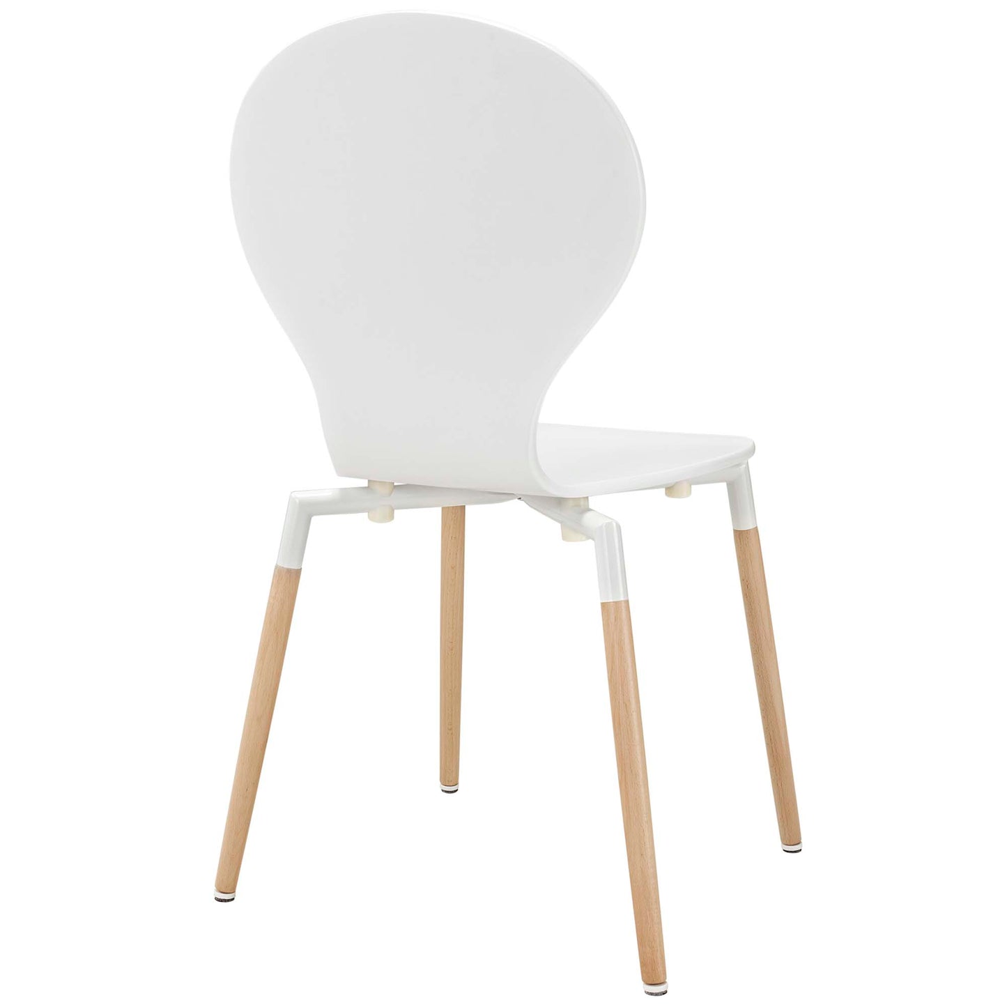 White molded-back dining chair with rounded back, white seat, and natural wood legs with white tops.