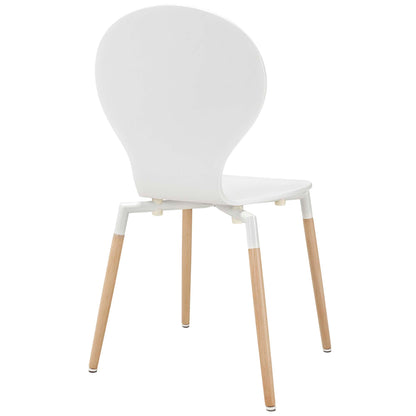 White molded-back dining chair with rounded back, white seat, and natural wood legs with white tops.