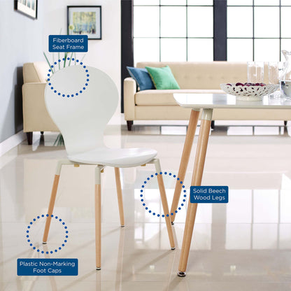 White modern dining chair with curved back and fiberboard seat; solid beech wood legs with plastic non-marking caps.
