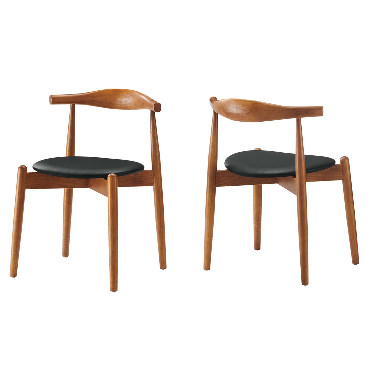 Pair of mid-century teak dining chairs with black upholstered seats, curved backrests, and tapered legs.