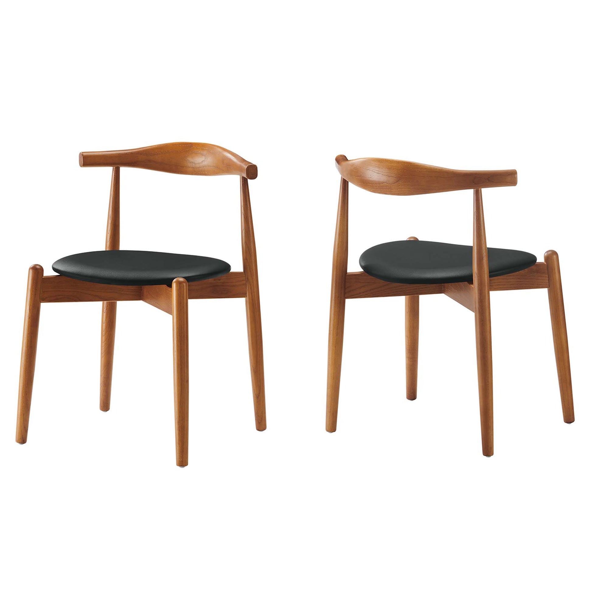 Pair of mid-century teak dining chairs with black upholstered seats, curved backrests, and tapered legs.