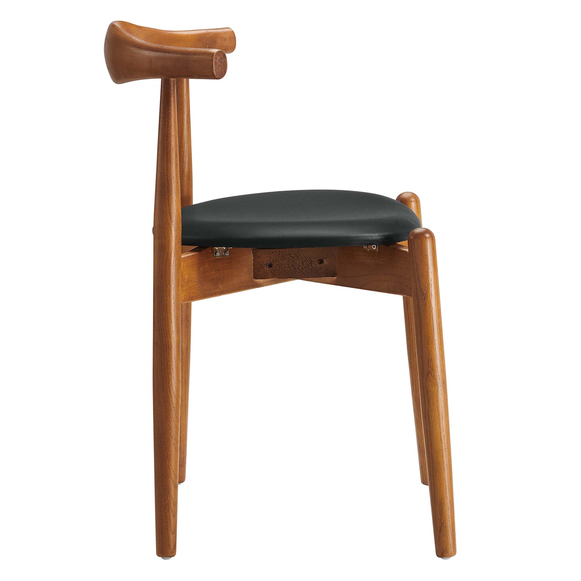 Wooden dowel-style chair with black padded seat, curved backrest, warm brown finish & tapered legs.