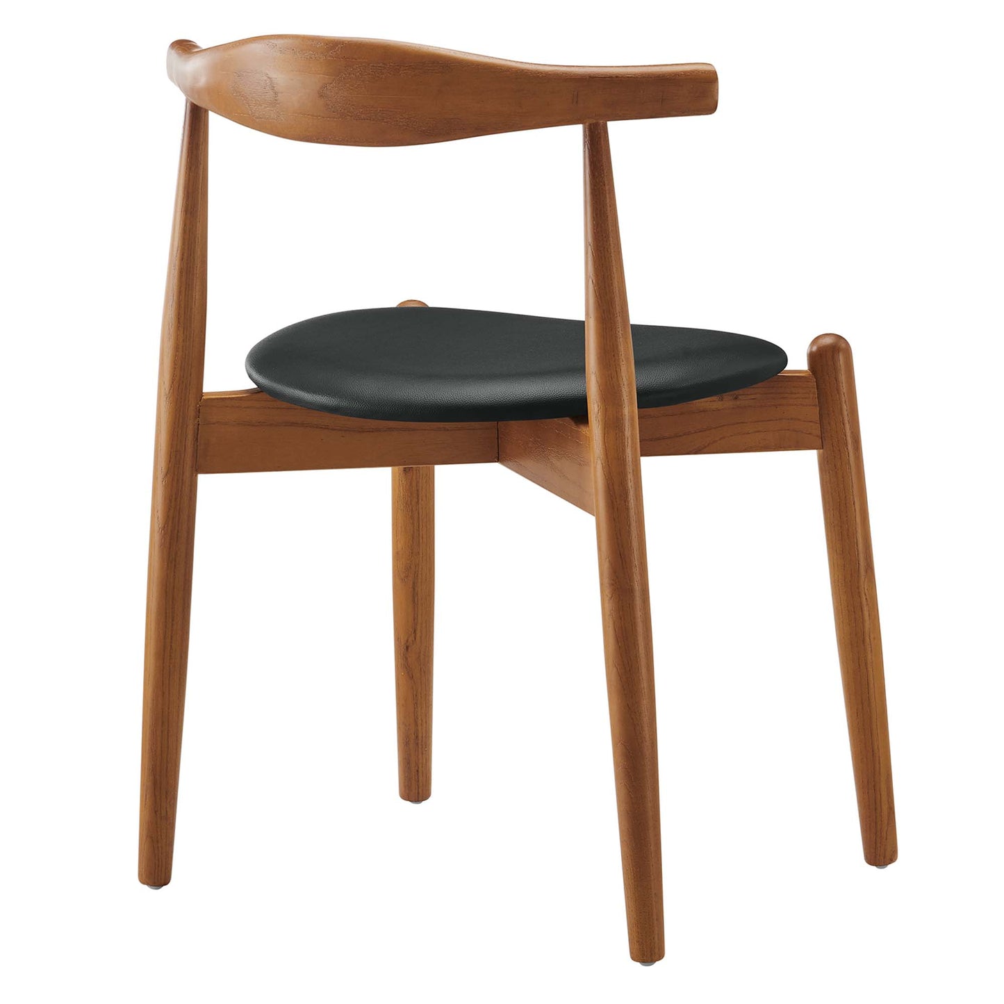 Mid-century wooden chair with oak finish, black round cushioned seat, curved backrest and tapered legs.