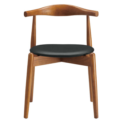 Danish-modern wooden dining chair with curved back, black round upholstered seat, warm brown finish.