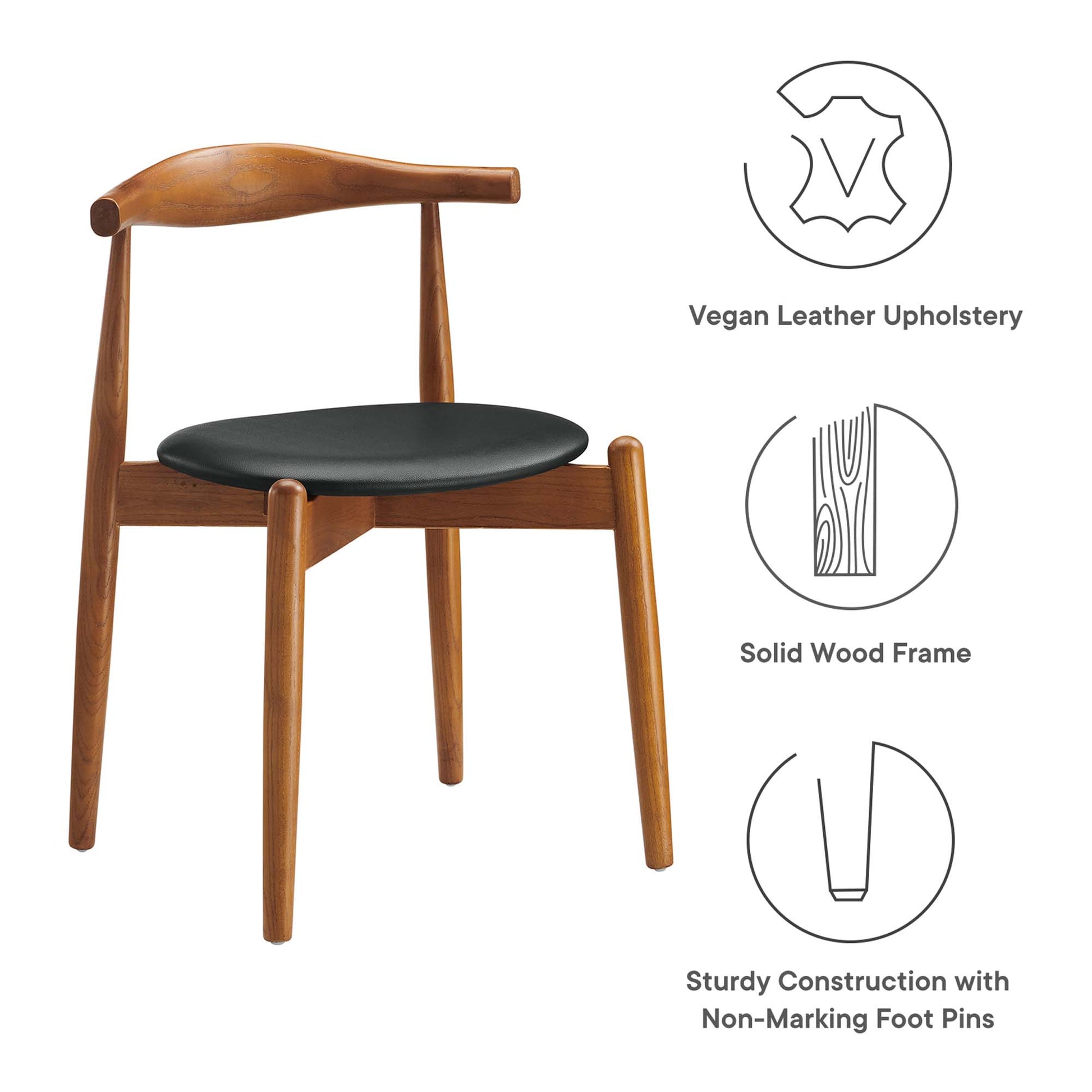 Wood chair with black vegan leather round seat, curved backrest, solid wood frame and non-marking feet.