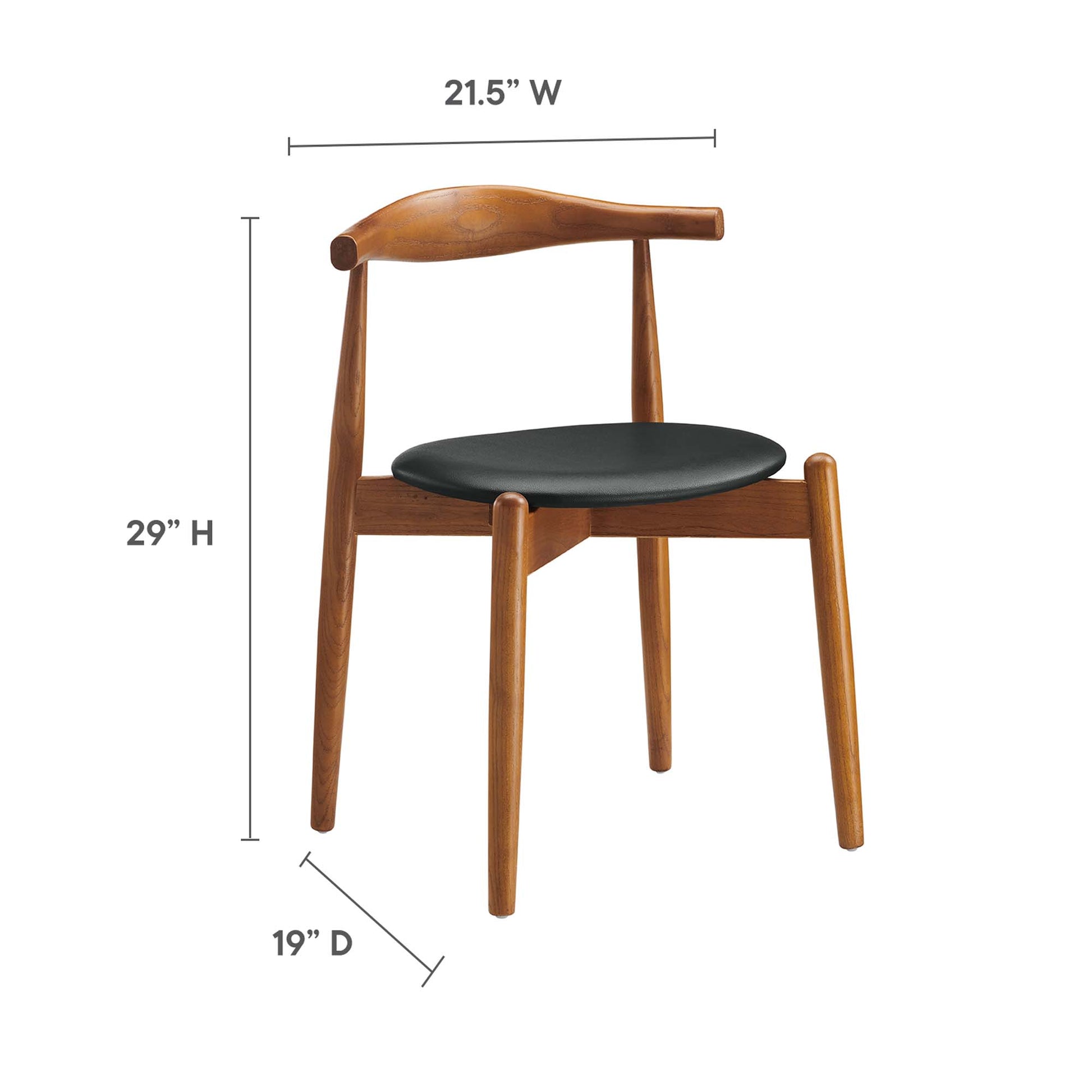 Walnut-finished wooden dining chair with black round upholstered seat, curved back rail, tapered legs; 21.5 W x 29 H x 19 D