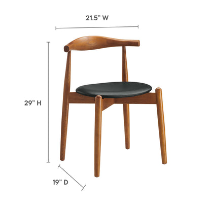 Walnut-finished wooden dining chair with black round upholstered seat, curved back rail, tapered legs; 21.5 W x 29 H x 19 D
