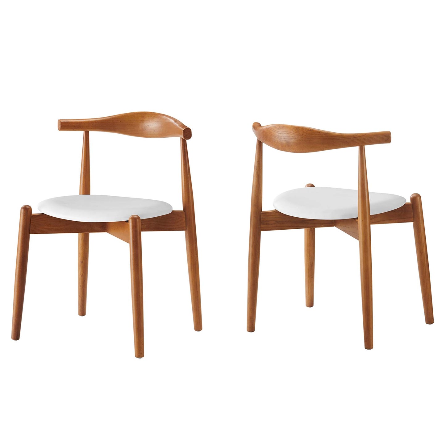 Pair of wooden mid-century chairs with curved backrests and white round cushions.