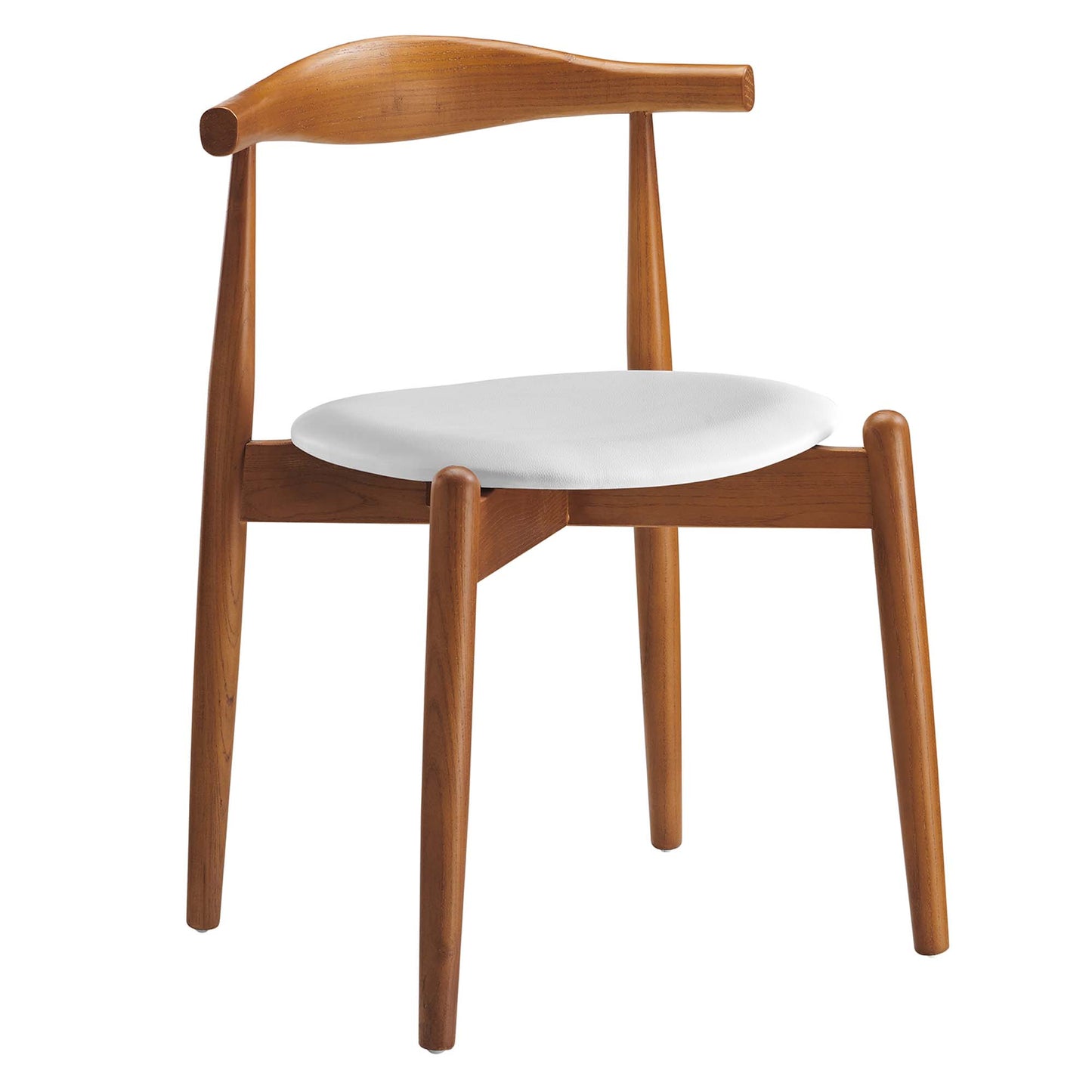 Mid-century wooden dining chair with a curved backrest, tapered legs, and a white round upholstered seat.