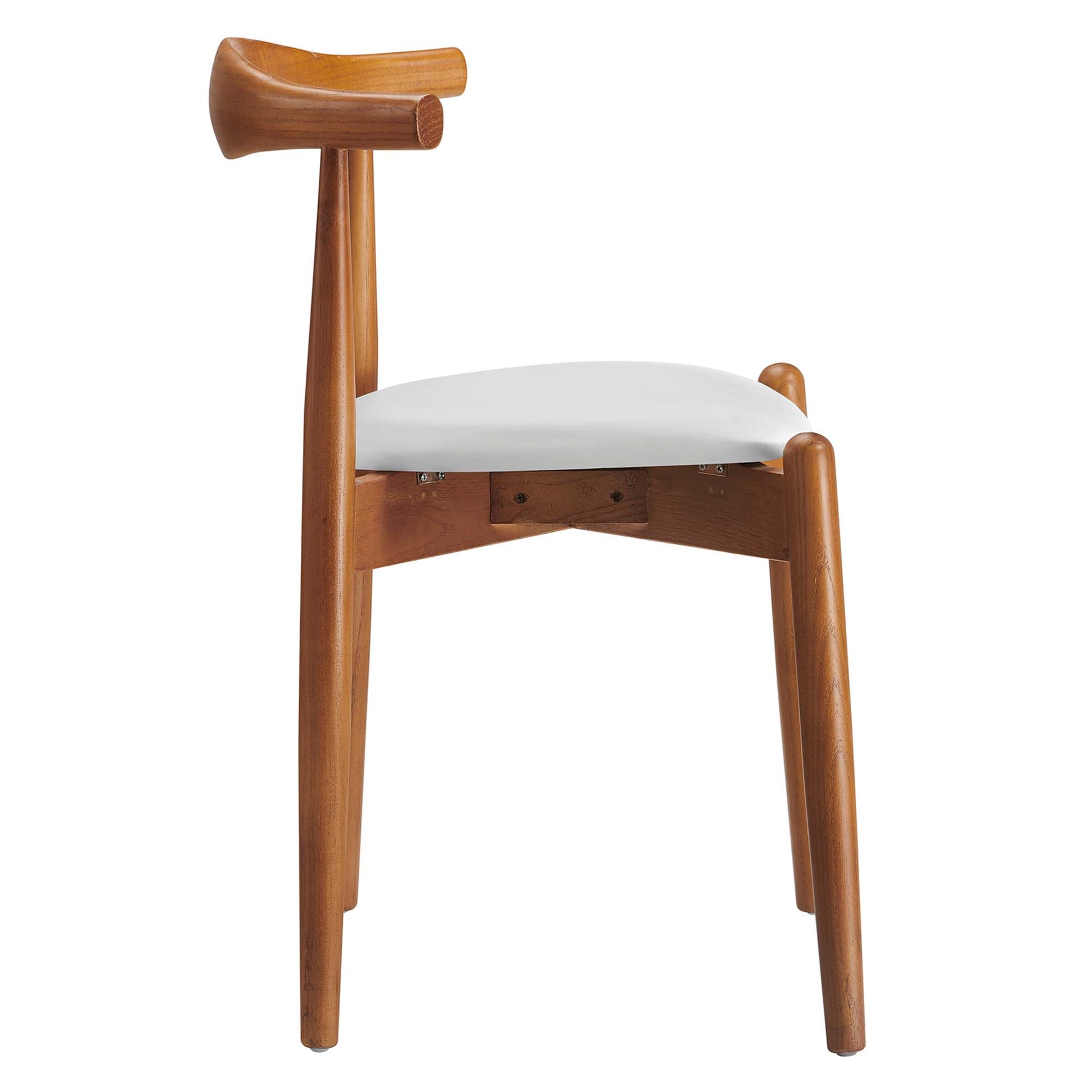 Natural wood dining chair with white cushioned seat, curved backrest extension and tapered legs.